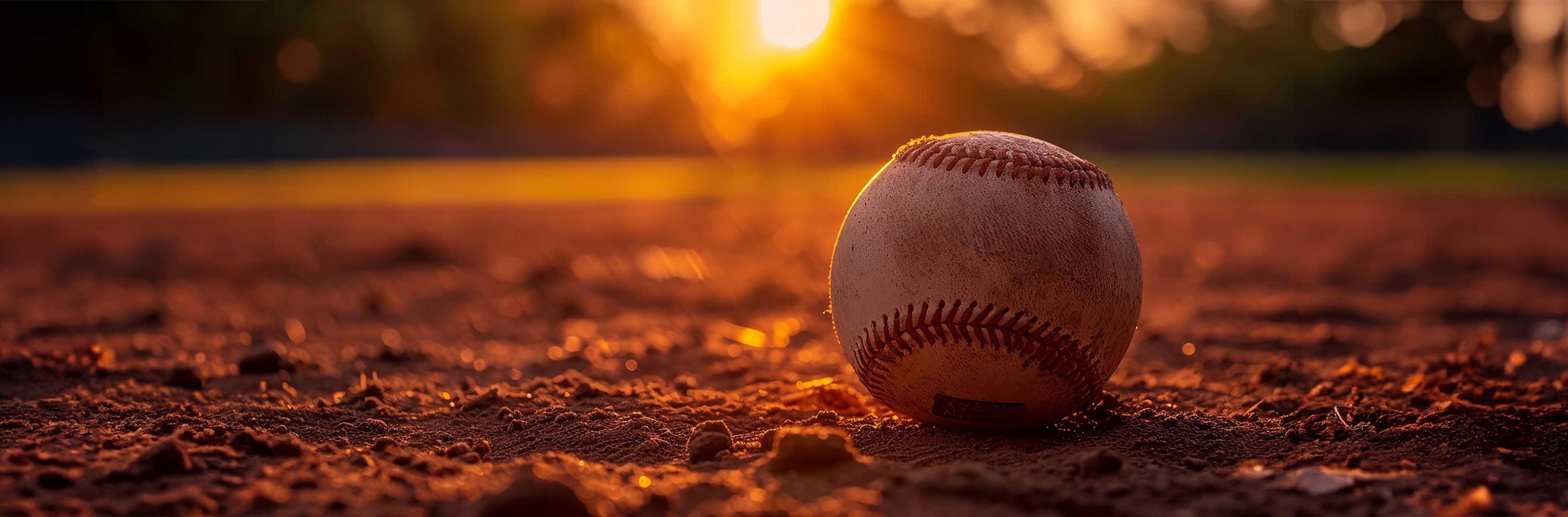 Photo of a baseball in the dirt at sunset